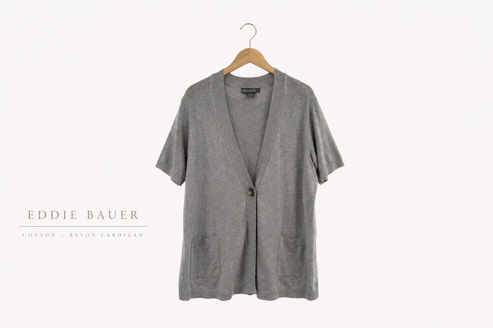Eddie Bauer XL Gray Short Sleeve Cardigan Sweater Cotton Rayon Bamboo Blend